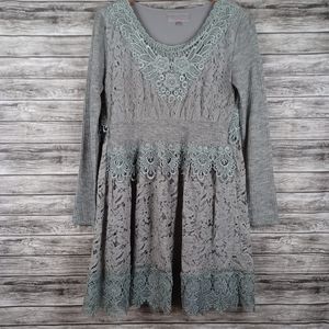 Pretty Angel Gray Lace Ribbed Longsleeve Boho Dress